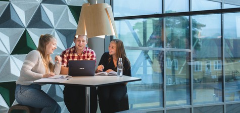 Tre studenter diskuterar kring en laptop