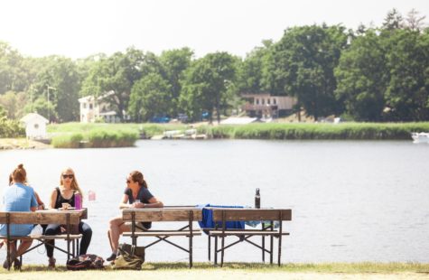 Foto på studenter som sitter och fikar på bänkar nere vid vattnet, Campus Karlskrona