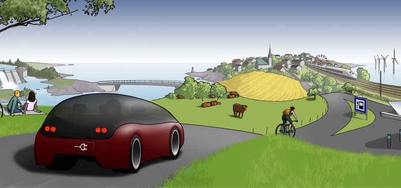 Illustration av en e-bil på en landsväg