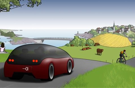 illustration med elektrisk bil på en landsbygd